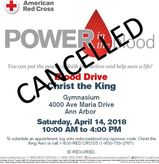 Blood Drive April 14 Cancelled