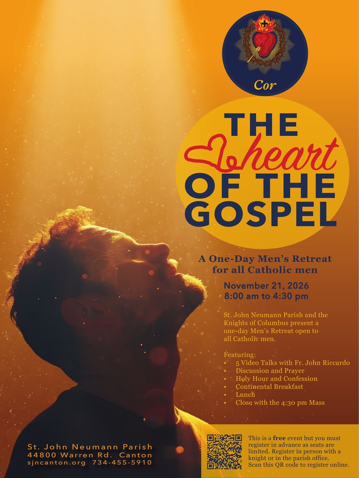 Heart of the Gospel Men's Retreat flyer, St John Neumann Parish, Canton, November 21, 2026